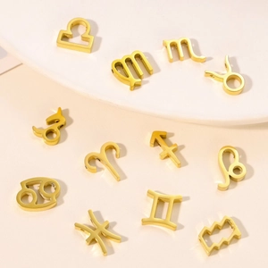 Detailed view of twelve zodiac signs golden stainless steel pendants for DIY jewelry