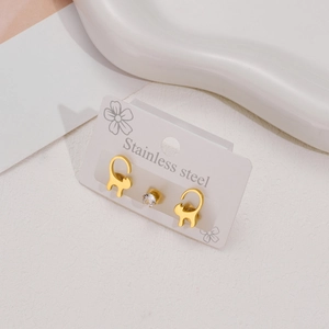 Cute gold stainless steel cat stud earrings and round zircon stud jewelry set