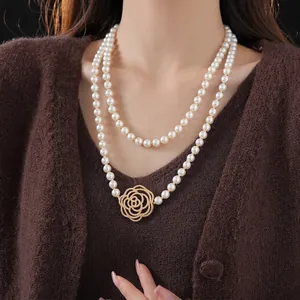 Double Layer Artificial Pearl Necklace With Gold Camellia Flower Pendant Zircon Inlaid Copper French Retro Long Sweater Chain Women