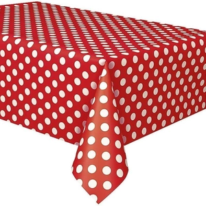 Red tablecloth with white polka dots for birthday parties and racing events