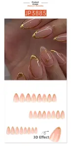 Macro detail of 3D golden metallic lines and star patterns on pink almond press-on nails