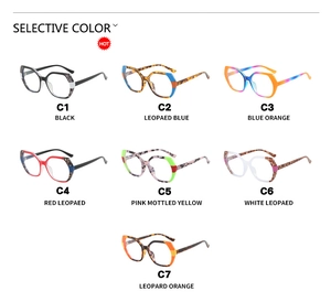 Collage of multi-colored TR90 polygon glasses frames in seven distinct color options