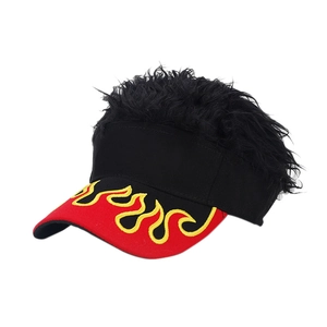 Baseball cap with black curly hair wig and red flame embroidery on the brim