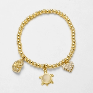 Goldenes Perlenarmband mit Herz, Schildkröte und Muschel Anhängern aus Zirkonia und Opalen