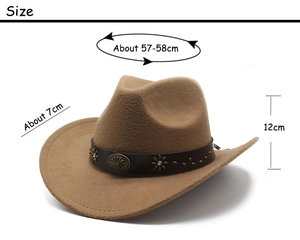 Detailed size diagram of the brown wide brim cowboy hat with dimensions 57-58cm