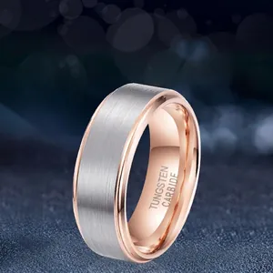Tungsten Carbide Ring Brushed Silver Grey Rose Gold Two Tone Stepped Edge Band For Men Unisex Minimalist Jewelry