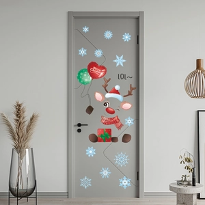 Cartoon reindeer and snowflake Christmas door stickers set for home party decoration
