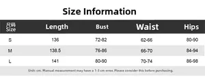 Detailed size chart for backless striped jumpsuit with bust, waist, and hip measurements