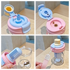Cartoon dual-use straw water bottle with tea filter, pink strap, and cute bear print