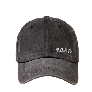 Vintage washed charcoal baseball cap with white mama side embroidery and soft cotton texture