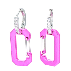 Hot pink carabiner-style earrings with sparkling pavé zircons in retro industrial design
