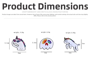 Detailed size chart for colorful unicorn and ghost enamel pins with weight and dimensions