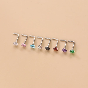 Set of 8 colorful 3mm cubic zirconia L-shaped nose studs in polished stainless steel