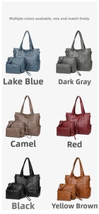 Detailed set of three textured faux leather tote bags shown in six versatile color options