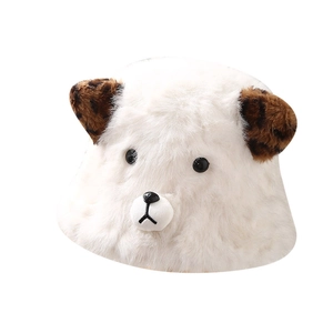 White faux fur puppy bucket hat with leopard print ears and cute cartoon animal face
