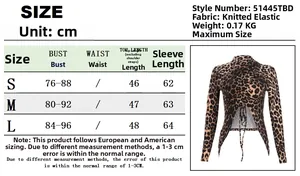 Tableau des tailles détaillé pour le crop top léopard à manches longues et ses mesures