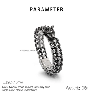 Détail du bracelet tête de loup punk en acier inoxydable avec dimensions 220x18mm