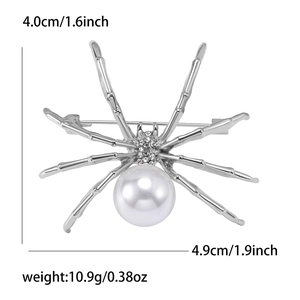Silver spider brooch with large white pearl body and rhinestones, size 4.0x4.9cm