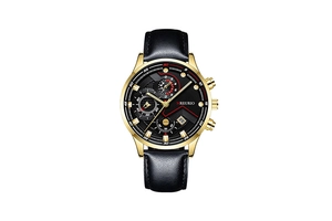 Macro detail of chronograph watch with black leather strap and gold steel case