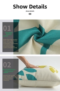 Detail of waterproof linen cushion cover with leaf pattern and plush down cotton filling