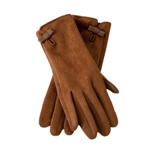 Deep brown faux suede thermal gloves with bow detail for women in cold winter weather
