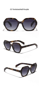 Detailed views of purple tortoise hexagonal sunglasses with gradient lenses and model specs