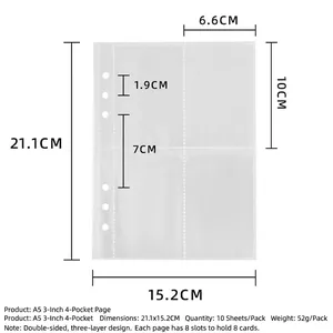 A5 transparent 3-inch 4-pocket card sleeves with 6-hole design for binder storage