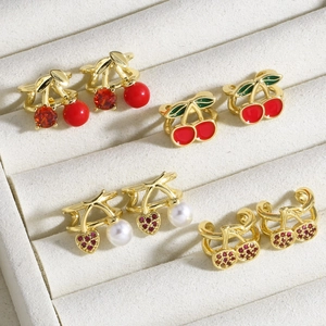 Fruit Cherry Heart Ear Cuffs Brass 18K Gold Plated Zircon Enamel Artificial Pearl Fashion Non Pierced Jewelry For Women