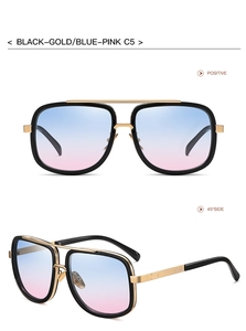 Front and 45-degree side view of pilot sunglasses with black-gold frames and gradient lenses