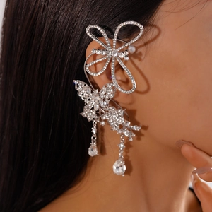 Luxury silver butterfly ear wrap with shimmering rhinestones and tassel water drop design