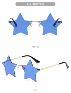 Close-up of blue star-shaped rimless sunglasses with gold metal frame and side view