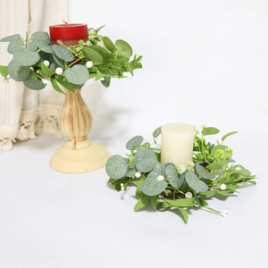 Artificial eucalyptus and gypsophila candle ring wreath for rustic table centerpiece