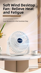 Close-up of portable desk fan with safety grille and adjustable U-shaped stand