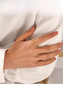 Close-up of a double-layered gold-plated stainless steel ring set on model's hand