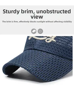 Detail of dark blue mesh baseball cap featuring breathable honeycomb fabric and embroidery