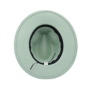 Top view of a light green fedora hat showing internal sweatband and adjustment string