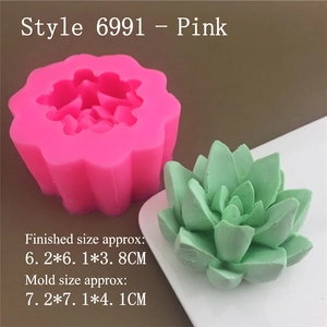 Pink silicone mold next to green succulent candle showing dimensions 7.2x7.1x4.1 cm