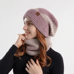 Women Winter Knitted Hat And Neck Warmer Acrylic Fleece Lined Warm Windproof Two-Tone Marled Beanie Scarf