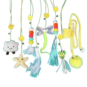 Retractable hanging cat toy set with plush clouds, colorful worms, feathers and bells