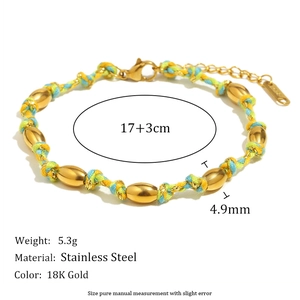 Bracelet en acier inoxydable doré 18K avec corde tressée colorée et perles barils