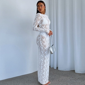 Detail of white floral lace fabric and see-through mesh on this sexy maxi dress