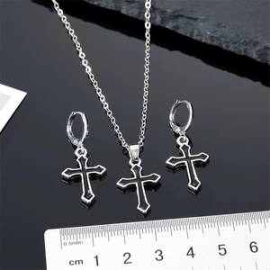 Vintage punk silver and black cross necklace and earrings jewelry set with size ruler