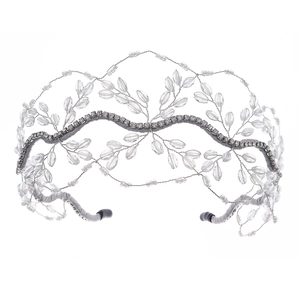 Elegant silver leaf crystal headband with rhinestone wave for wedding bridal headpiece