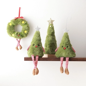 Ornamenti Per Bambole Di Peluche Natalizie Gambe Lunghe A Strisce Albero Seduto Pelliccia Sintetica Verde Regalo