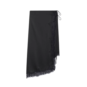 Elegant black satin wrap skirt featuring delicate lace trim and side tie closure design