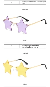 Detail of star-shaped rimless sunglasses with gold metal temples in purple and yellow
