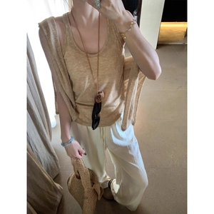 Women Casual Sun Protection Two Piece Set Polyester Long Sleeve Sheer T-Shirt With Halter Tank Top Pullover Solid Color Tops