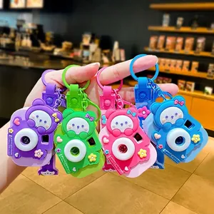 Creative bear camera keychain collection with floral straps in four assorted colors