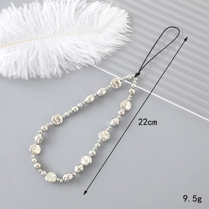 Handmade beaded silver metallic bead phone charm with black lanyard, length 22cm and weight 9.5g