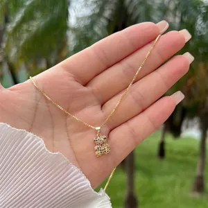 18K gold plated necklace with cute bear pendant featuring colorful pavé zircon stones